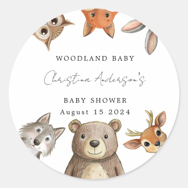 Forest Woodland Animals Travel Baby Shower Classic Round Sticker (Front)