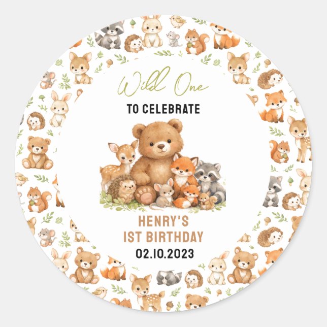 Forest Woodland Animals Wild One 1st Birthday Classic Round Sticker (Front)