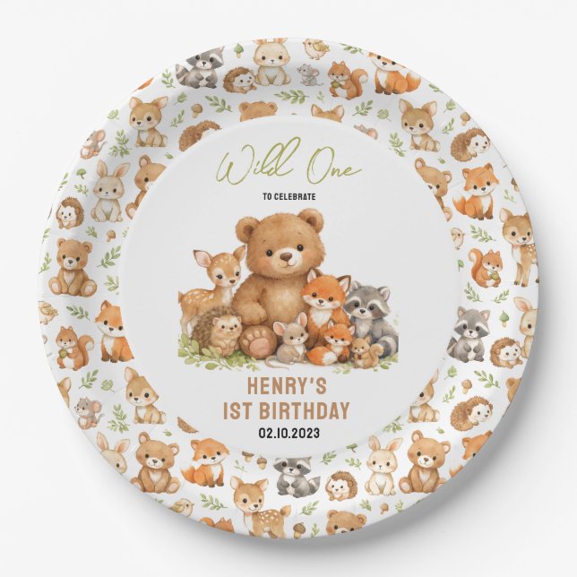 Forest Woodland Animals Wild One 1st Birthday Paper Plate (Front)