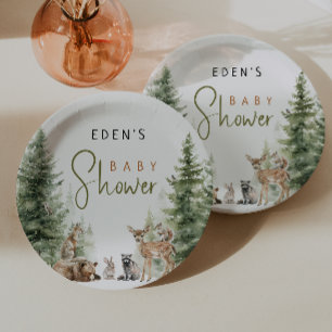 Forest Woodland Animals With Name Baby Shower Paper Plate
