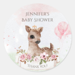 Forest Woodland Baby Girl Deer Watercolor  Classic Round Sticker