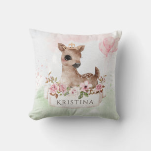 Forest Woodland Baby Girl Deer Watercolor Name Cushion
