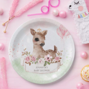 Forest Woodland Baby Girl Deer Watercolor Paper Plate