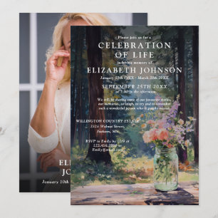 Forest Woodland Floral Celebration Of Life Photo Invitation