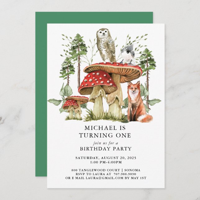 Forest Woodlands Boy first Birthday Invitation (Front/Back)