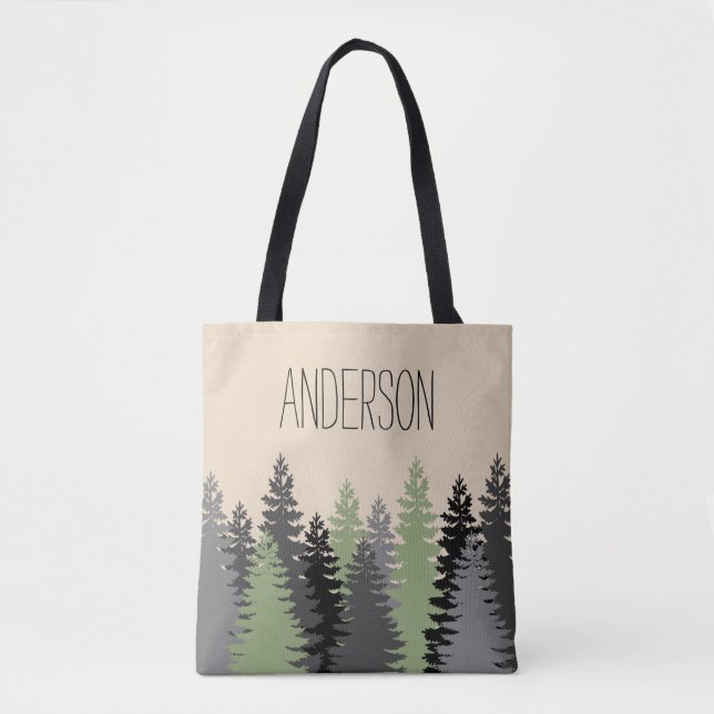 Forest Woods Pine Trees with Name Tote Bag (Front)