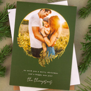 Forest Wreath Merry Christmas Gold Foil Photo Foil Holiday Card