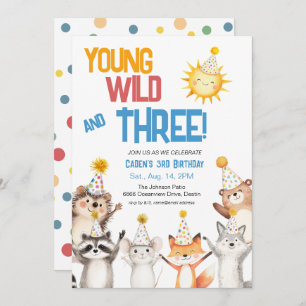 Forest Zoo Animals Party Hats 3rd Birthday Invitation