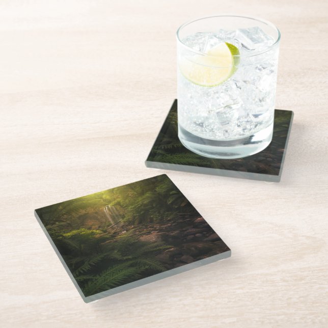 Forests | Sunlight Highlights Waterfall Glass Coaster (Angled)
