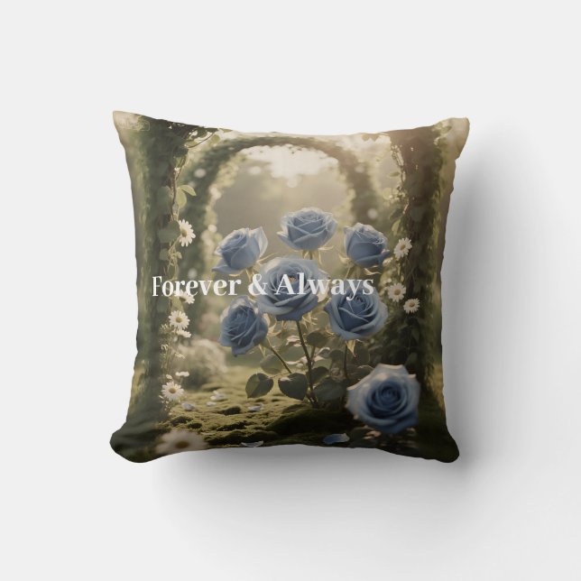 Forever & Always – Romantic Blue Rose Floral Gift  Cushion (Front)