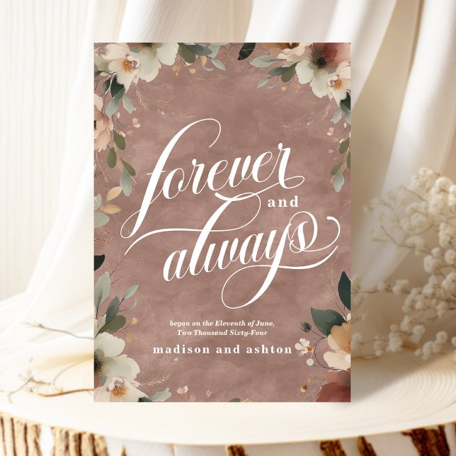 Forever & Always Script Rosewood Floral Wedding Announcement (Announce your love beautifully with our elegant "Forever and Always" wedding cards.)