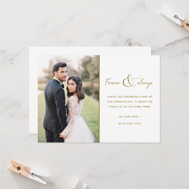 Forever and Always Gold Wedding Photo Thank You Invitation (Front/Back In Situ)