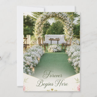 Forever begins here elegant white floral weddings. thank you card