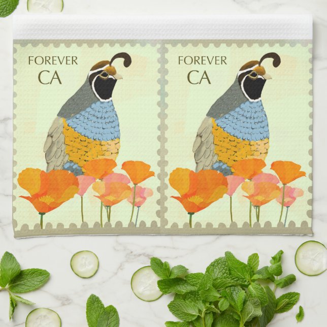 Forever California Poppy and Quail Kitchen Towel (Folded)