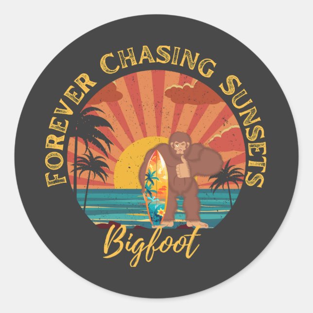 Forever Chasing Sunsets Bigfoot Surfing Black Classic Round Sticker (Front)