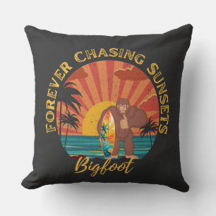 Forever Chasing Sunsets Bigfoot Surfing Black Cushion
