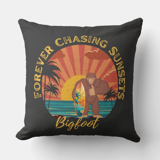 Forever Chasing Sunsets Bigfoot Surfing Black Cushion (Front)