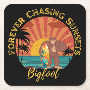 Forever Chasing Sunsets Bigfoot Surfing Black Square Paper Coaster