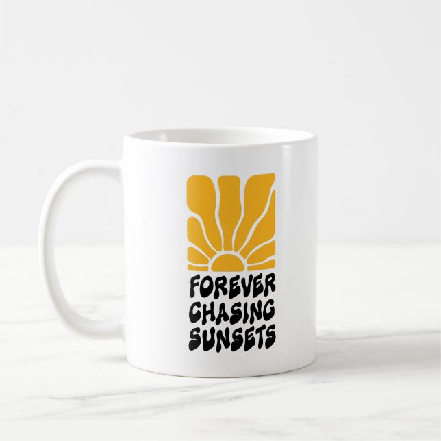 Forever Chasing Sunsets – Groovy Retro Sun Coffee Mug (Left)