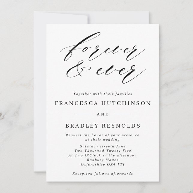 Forever Elegant Calligraphy Monochrome Wedding Inv Invitation (Front)