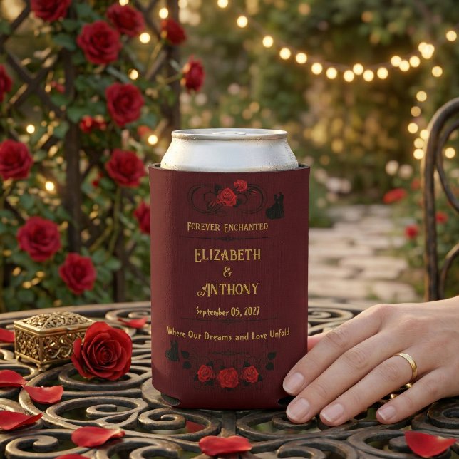 Forever Enchanted Maroon Personalised Wedding Can Cooler (Creator Uploaded)