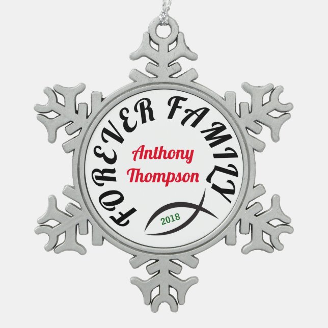 Forever Family Christian Adoption Gift Snowflake Pewter Christmas Ornament (Front)
