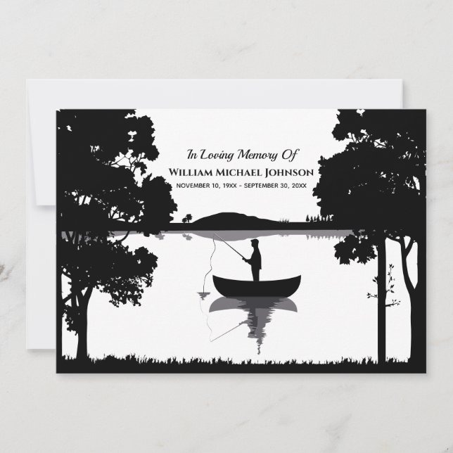 Forever Fishing Funeral Memorial Black And White Invitation (Front)