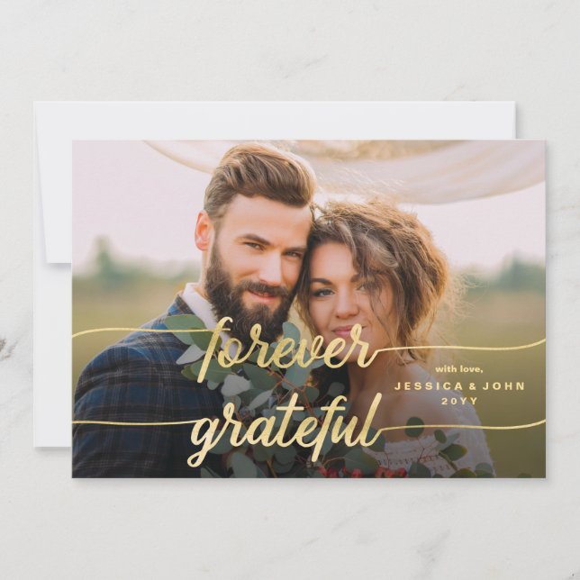Forever Grateful Gold Calligraphy 2 Photo Wedding Thank You Card (Front)