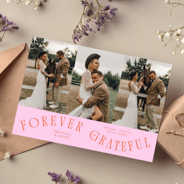 Forever Grateful Orange Pink Wedding Multi Photo  Thank You Card (Creator Uploaded)