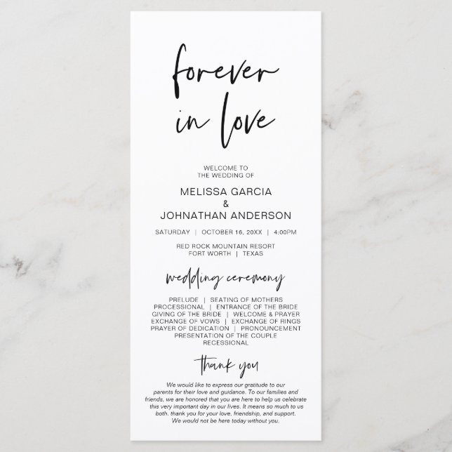 Forever in love, Modern Minimalist Wedding Program (Front)
