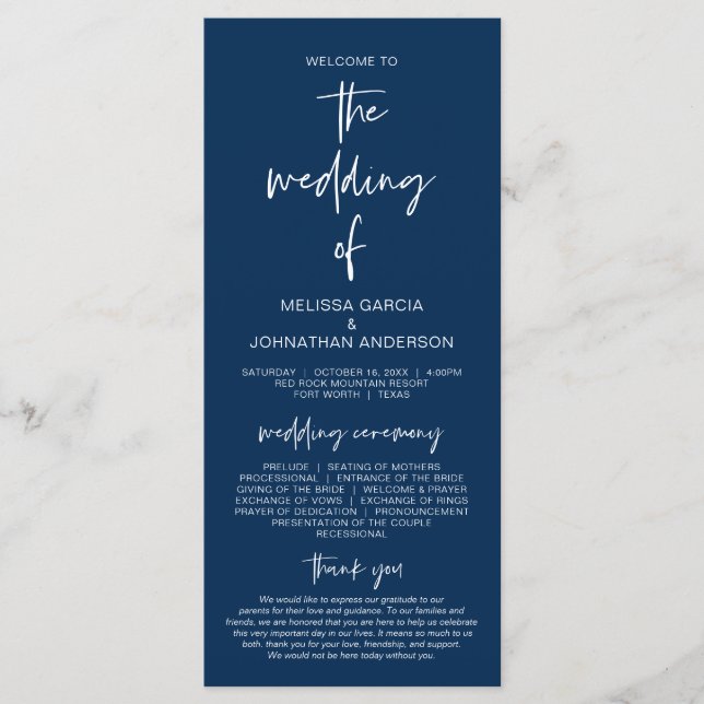Forever in love, Modern Navy Blue Wedding Program (Front)
