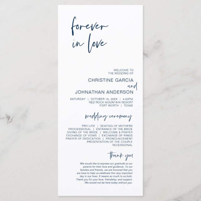 Forever in love, Modern Navy Blue Wedding Program (Front)