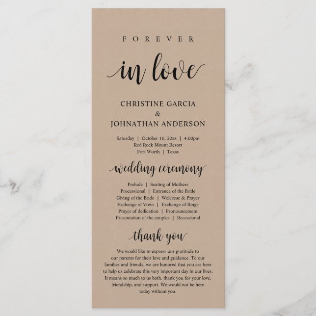Forever in love, Modern Wedding Ceremony, kraft Program (Front)