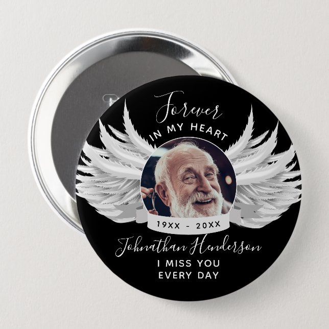 Forever In Our Hearts Angel Wings Photo Funeral 10 Cm Round Badge (Front & Back)