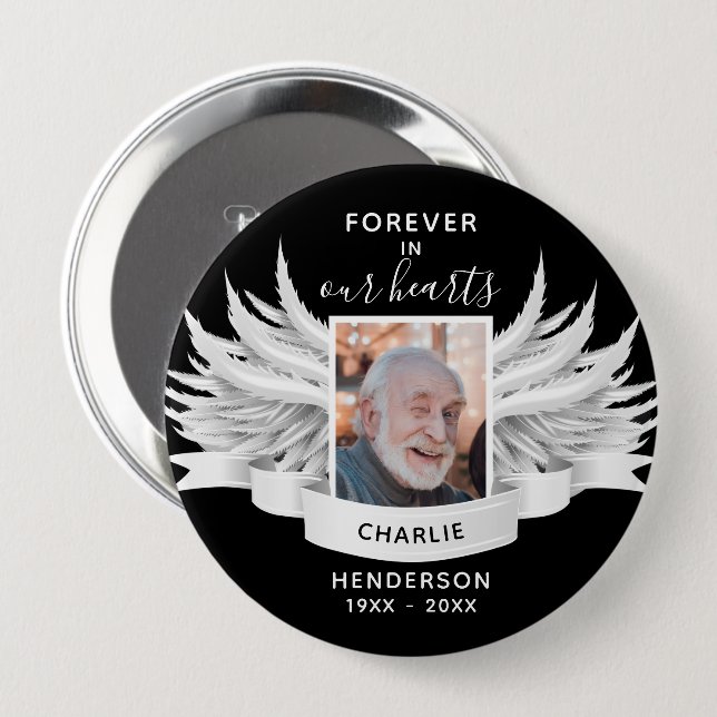 Forever In Our Hearts Angel Wings Photo Funeral 10 Cm Round Badge (Front & Back)