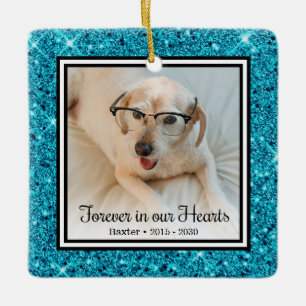 Forever In Our Hearts Aqua Glitter Dog Ceramic Ornament