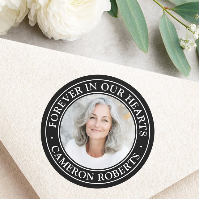 Forever in our hearts black border photo memorial classic round sticker (Forever in our hearts black border photo memorial classic round sticker)