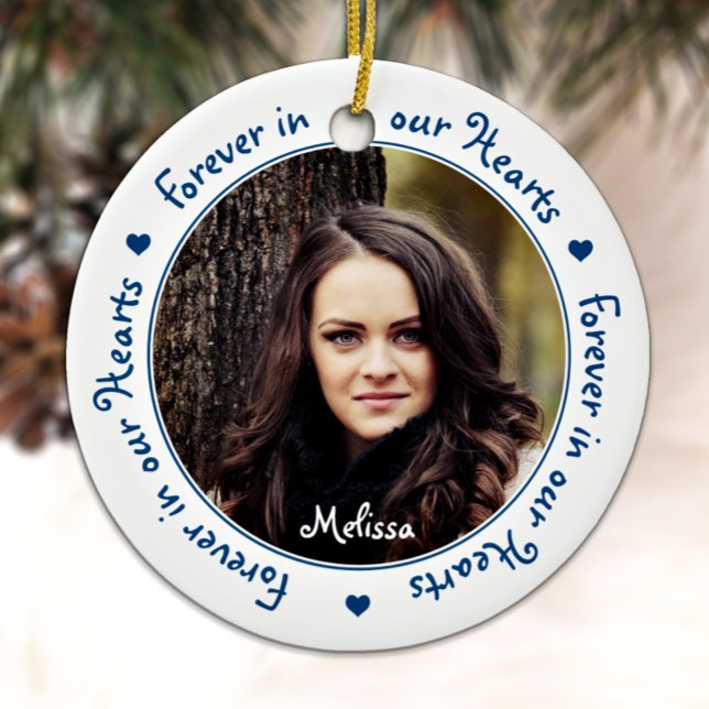 Forever in our Hearts Blue Photo Keepsake Memorial Ceramic Ornament (Creator Uploaded)