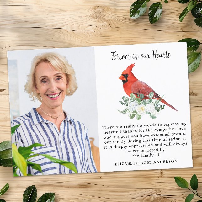 Forever in our Hearts Cardinal Bird Photo Sympathy Thank You Card (Creator Uploaded)