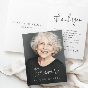 Forever in our hearts casual script funeral photo thank you card