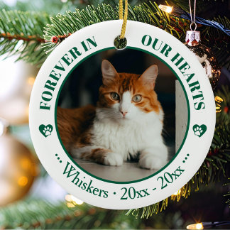 Forever in Our Hearts Cat Photo and Name Memorial Ceramic Ornament