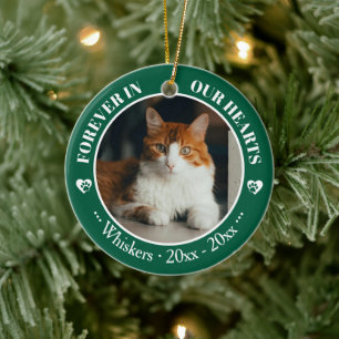 Forever in Our Hearts Cat Photo and Name Memorial Ceramic Ornament