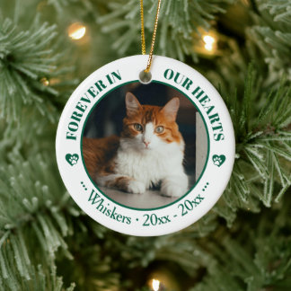 Forever in Our Hearts Cat Photo and Name Memorial Ceramic Ornament