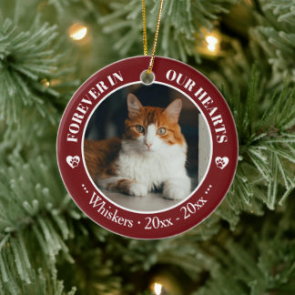 Forever in Our Hearts Cat Photo and Name Memorial Ceramic Ornament