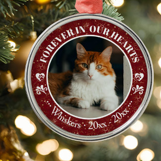 Forever in Our Hearts Cat Photo and Name Memorial Metal Ornament