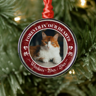 Forever in Our Hearts Cat Photo and Name Memorial Metal Ornament