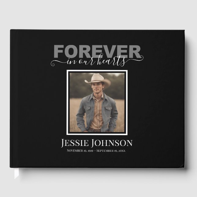 Forever in Our Hearts Elegant Script Photo Guest Book (Front)