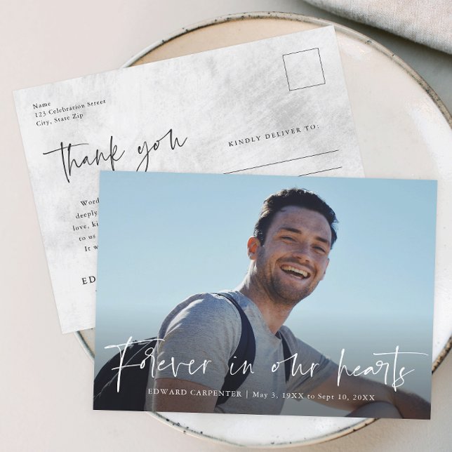 Forever in our Hearts Funeral Memorial Thank You Postcard (Modern script simple photo memorial thank you card.)