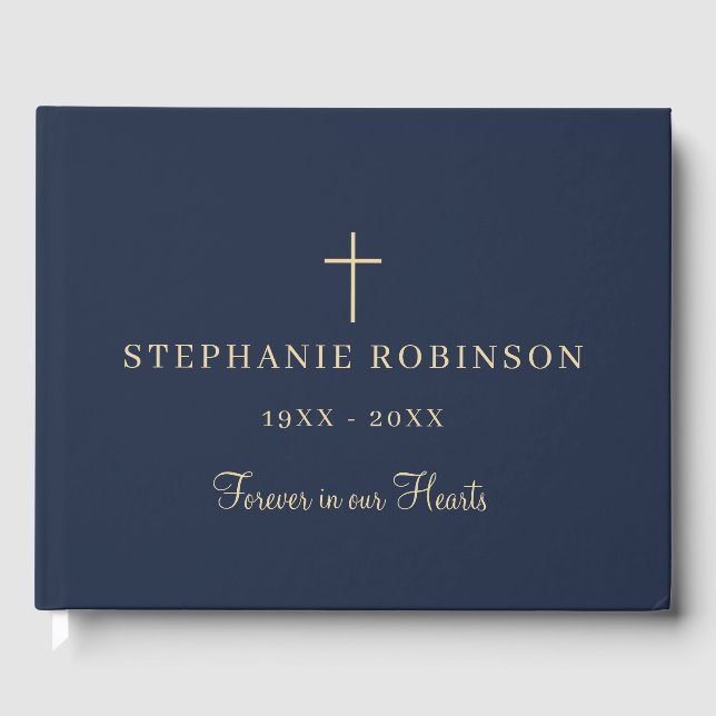 Forever In Our Hearts Gold Blue Funeral Memorial  Guest Book (Front)