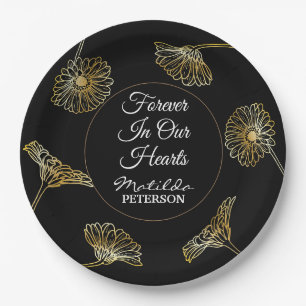Forever in Our Hearts Gold Flowers Funeral  Paper Plate